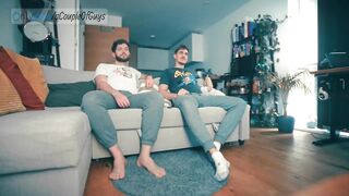 Bulging TV bulge got us both off watching straight roomies jerk off together