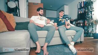 Bulging TV bulge got us both off watching straight roomies jerk off together