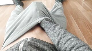 White twink chokes on huge uncut BBC while floor milking himself