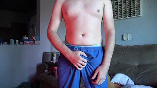 Gay daddy destroys lycra pants while cumming in clothes