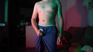 Gay daddy destroys lycra pants while cumming in clothes