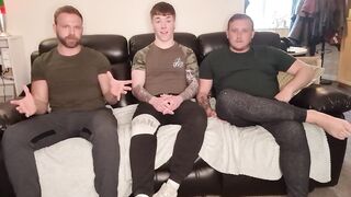 Straight lad bent over by 2 tattooed bi studs with big dicks