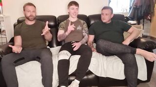 Straight lad bent over by 2 tattooed bi studs with big dicks