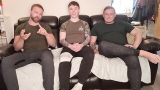 Straight lad bent over by 2 tattooed bi studs with big dicks