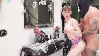 FemBoy gets Fucked Bareback by Hunky Ghost Face breeding his tight twink cunt