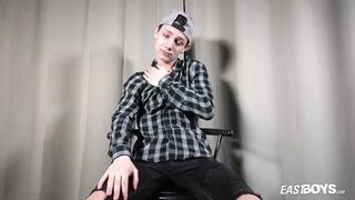 Slim teen boy strokes his big cock raw solo wank alone