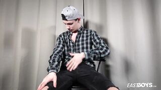 Slim teen boy strokes his big cock raw solo wank alone