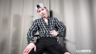Slim teen boy strokes his big cock raw solo wank alone