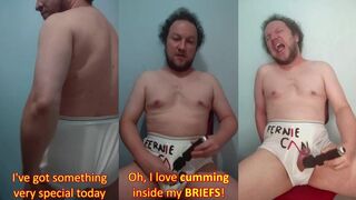 Bulge worship in custom tighty whities packed with cum