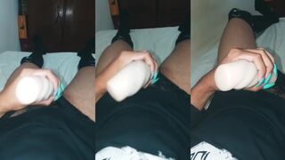 Loud moaning sissy fucks toy till cum drips out raw