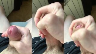 Thick uncut tease cock jerks off at work till cum soaks panties