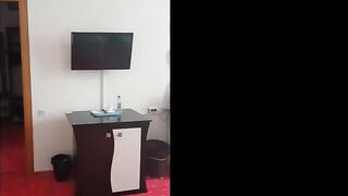 Alone in the hotel huge white cum soaks the glass table