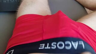 Quick cumshot in red underwear after gym session with straight roommate