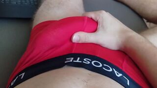 Quick cumshot in red underwear after gym session with straight roommate