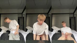 Twink jerks off bent over squeezing his tiny dick and loose ass