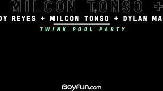 Teen femboy Dylan Malik takes 2 big bare dicks poolside gagging cum shots everywhere