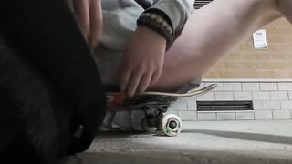 Skater femboy soaks you while cum drips on your face in public
