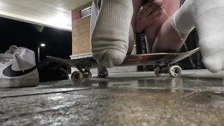 Skater femboy soaks you while cum drips on your face in public
