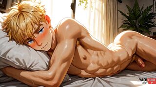 Twink blonds get drilled in anime gangbang hentai creampie