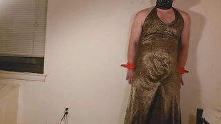 Gagged Crossdresser’s Huge Cumshot While Trying On Tight Dress