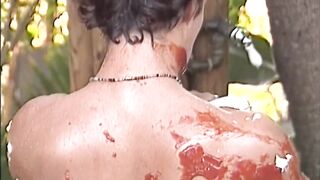 Muscle hunks hose off together after food fight gangbang shower cum blast