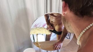 French bloke jerks off in mirror gushing cum all over his big cock and tattooed frame