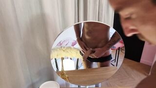 French bloke jerks off in mirror gushing cum all over his big cock and tattooed frame