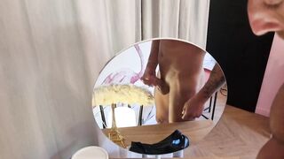 French bloke jerks off in mirror gushing cum all over his big cock and tattooed frame