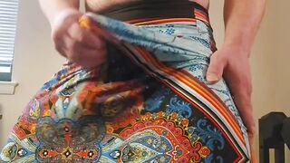 Jerking through skirts until leaving a big cum stain on one