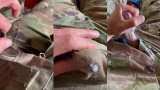 Horny soldier shoots thick creamy load through his military briefs onto unit patch
