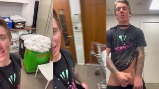 Straight lad busted jerking off in work storage cupboard big cock squirted over office sheets
