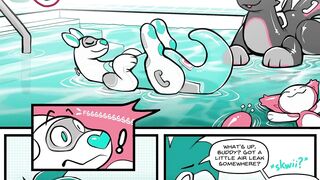 Furry pool party destroyed by massive pooltoy gagging hungry furries