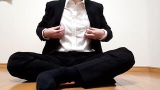 Japanese suit guy jerks off and blows his load in his skivvies