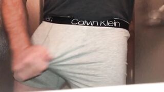 Bear busts in boxers gagged by piss and cum overload right after