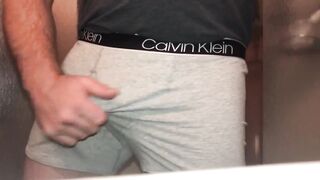 Bear busts in boxers gagged by piss and cum overload right after