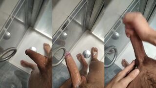 Shower Jerk with Big Cock Squirting on Feet Cream Bath