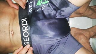 Desperate whore pissing in his panties while big dick twinks watch
