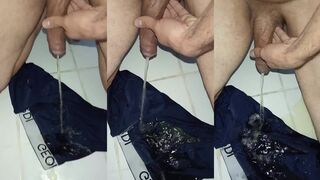 Desperate gay twink pisses his underwear golden shower daddy makes it all wet
