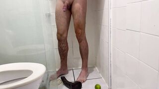 Monster dildo destroys tight ass in steamy shower