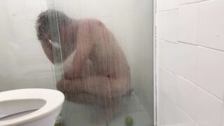 Monster dildo destroys tight ass in steamy shower