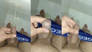 Desperate gay twink pissing in his own wet panties messy golden shower