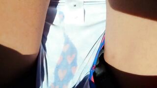 Bareback twink pushed out creampie through underwear after fuck