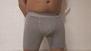Soaking my underwear in piss before jerking a huge load in the shower