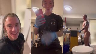 British tattooed man busting a nut at work his first cumshot caught on cam