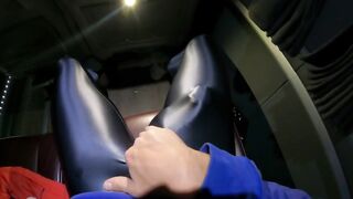 Packed in spandex bus cumshot explodes in public exhibition