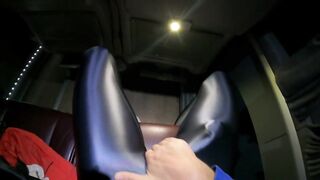 Packed in spandex bus cumshot explodes in public exhibition