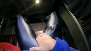 Packed in spandex bus cumshot explodes in public exhibition