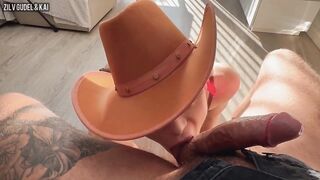 Femme twink rides and sucks rugged cowboy until he blows his load deep in his throat