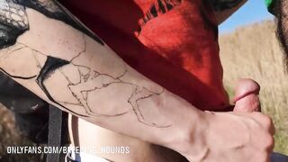 Hairy daddy cleans his straight buddies thick cock on a mountain hike big cum shot