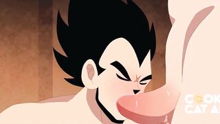 Goku and Vegeta blowjob duel ends with cum drenched mouths